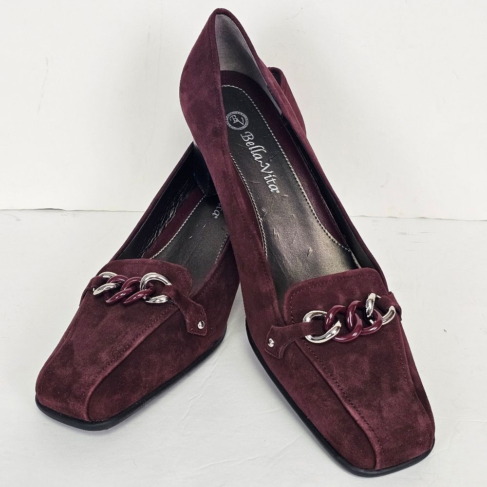 Bella Vita Suede Pumps Burgundy Chain Accent Block Heels Sz 11 Career Party